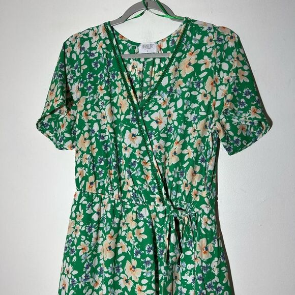 Sienna Sky Green Faux Wrap Floral Dress Women's L - Picture 2 of 9